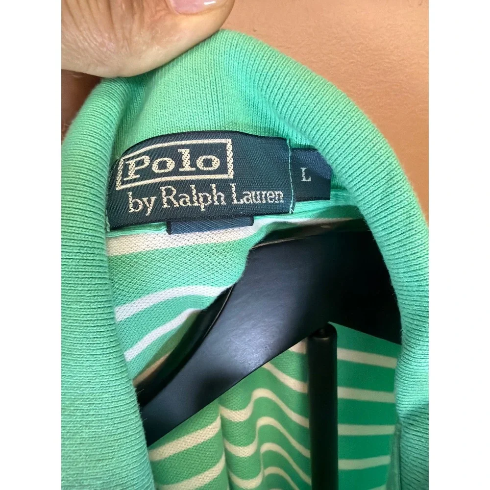 Polo Ralph Lauren Mens Green White Striped Short Sleeve Polo Shirt Orange Pony L